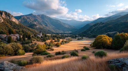 Golden Sun Rays Pierce Through Dramatic Clouds Illuminating a Verdant Valley with Distant Mountains and a Quaint Village Scene Under a Clear Blue Sky