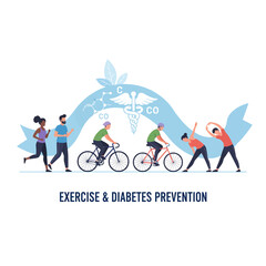 Flat vector illustration of diverse people jogging, cycling, and stretching with blue ribbon for diabetes prevention
