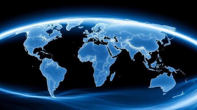 Digital Blue World Map With Glowing Connections. Global Network Visualization. Futuristic Technology Concept