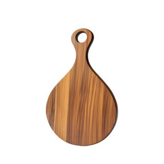 A teak wood cutting board with a curved handle on transparent background