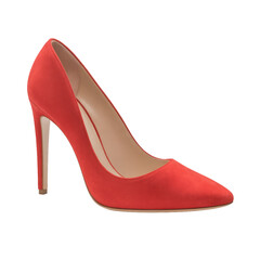 A single red suede high heel pump on transparent background 