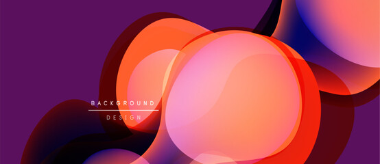 Abstract overlapping shapes, vibrant colors. Purple background creates dynamic visual effect. Modern design elements present.