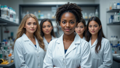 Group of women wearing white lab coats