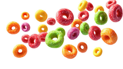 Floating Colorful Fruit Cereal Loops Isolated on transparent background Remove png, Clipping Path, pen tool