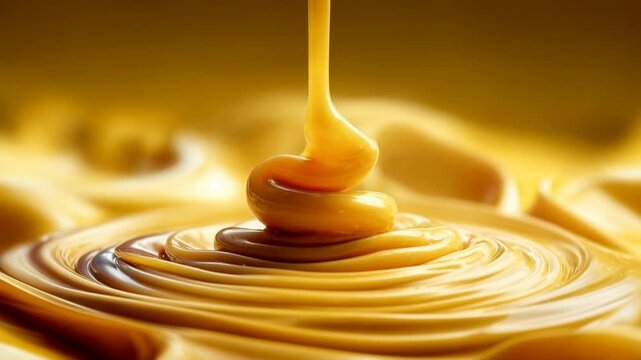 Honey ribbon coiling into glossy folds, shot tight and tactile, evoking artisan dessert craft and sensory indulgence with glowing golden warmth