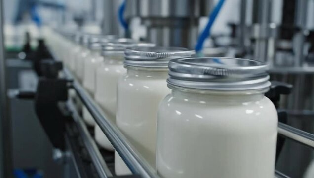 Milk processing plant: automated filling of glass jars on a conveyor belt system in a dairy factory
