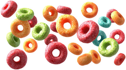 Floating Colorful Fruit Cereal Loops Isolated on transparent background Remove png, Clipping Path, pen tool