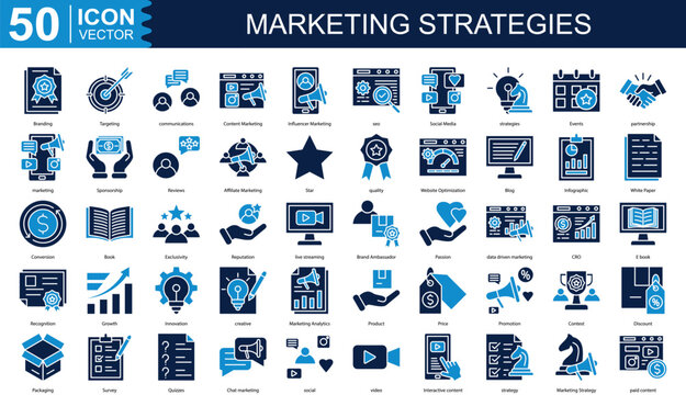 Marketing Strategies icon collection set. Containing Branding, Targeting, communications, Content Marketing, Influencer Marketing icon.
