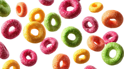 Floating Colorful Fruit Cereal Loops Isolated on transparent background Remove png, Clipping Path, pen tool