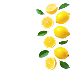 Fresh yellow lemons and citrus slices on transparent background 