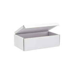An empty white cardboard box with a hinged lid on transparent background 