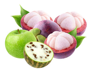 high-quality close-up photograph featuring a complex arrangement of fresh fruits: a crisp green apple, whole and cut mangosteen showing the segments, and a halved kiwano melon, all isolated on black.