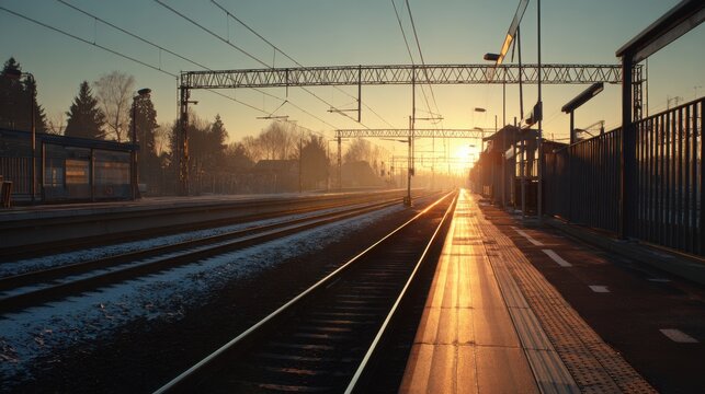Train station tracks at sunrise with golden light and snow