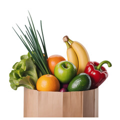 Fresh produce spilling out of a light brown paper shopping bag on transparent background 