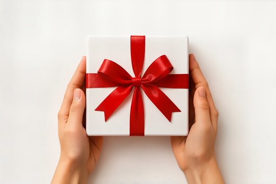 Minimalist holiday composition with human hands holding white gift box and red bow on light background, cozy festive style