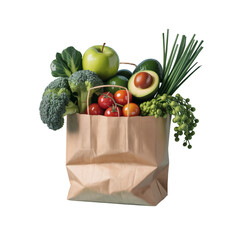 Fresh produce spilling out of a light brown paper shopping bag on transparent background 