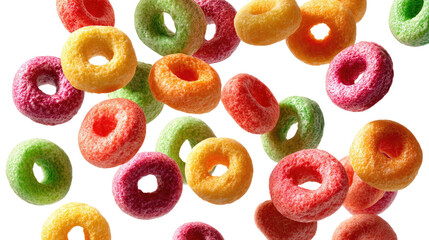 Floating Colorful Fruit Cereal Loops Isolated on transparent background Remove png, Clipping Path, pen tool