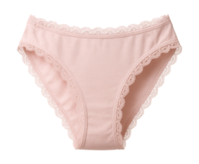 Pastel pink bikini briefs with lace trim for women.