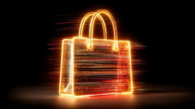Abstract glowing shopping bag design, gold and red light trails on dark. - Powered by Adobe