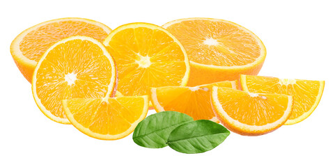bright, vibrant arrangement of fresh orange slices and segments, complete with natural green citrus leaves, providing a refreshing and healthy appearance, isolated on black.
