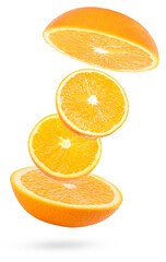 dynamic visual of three perfectly cut, stacked orange slices and halves floating or falling, demonstrating the juicy texture and bright color, isolated on a transparent background.