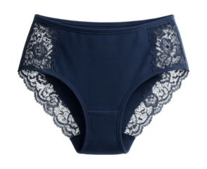 Navy cotton briefs with lace side panels for women.