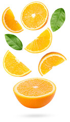 dynamic composition of fresh orange slices, segments, halves, and green leaves floating or scattering, emphasizing freshness, health, and energy against black.