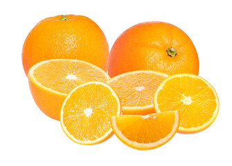 two perfect whole oranges alongside expertly cut halves and slices, revealing the bright, juicy pulp and texture, captured in a clean studio photograph on black.