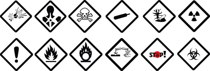 GHS pictograms. Warning Hazard Hazardous Danger Dangerous Icon set. Explosive Flammable Oxidizing Compressed Gas Corrosive Toxic Harmful Corrosive Environmentally Unsafe Vector Symbols.	
