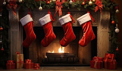 Four red Christmas stocking hanging above a fireplace christmas gift tree.