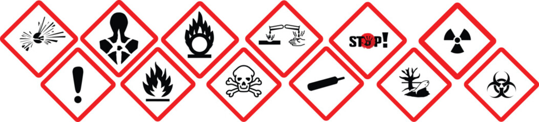 GHS pictograms. Warning Hazard Hazardous Danger Dangerous Icon set. Explosive Flammable Oxidizing Compressed Gas Corrosive Toxic Harmful Corrosive Environmentally Unsafe Vector Symbols.	

