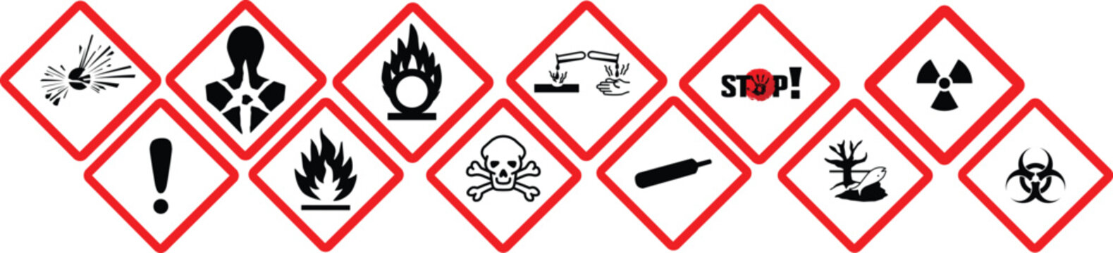 GHS pictograms. Warning Hazard Hazardous Danger Dangerous Icon set. Explosive Flammable Oxidizing Compressed Gas Corrosive Toxic Harmful Corrosive Environmentally Unsafe Vector Symbols.	
