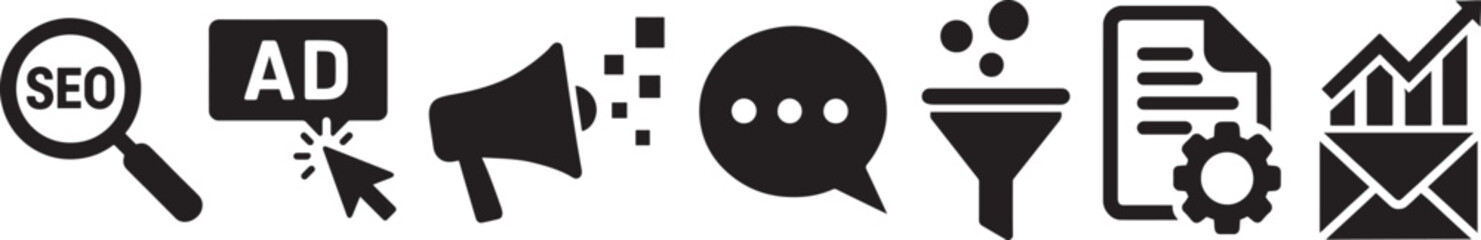 Digital marketing icon set with coins, growth chart, moneybag, and piggy bank silhouette style.