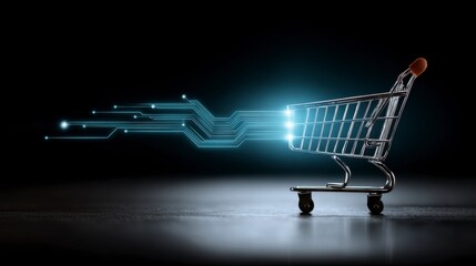 Digital commerce illustration: glowing cart over blue-neon circuits, sale excitement.