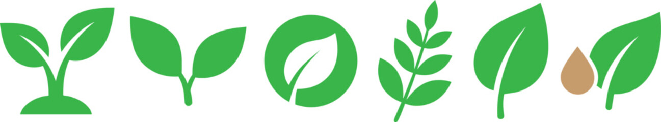 Set of green leaf icons with coins, growth chart, moneybag, and piggy bank silhouette style.