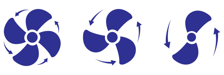 Cooling fan icon set. Modern cooler ventilator silhouette icons, vector symbol website design. Set of black colour vector illustration flat style. Cooling system fan with rotation arrows symbol. © Daishin