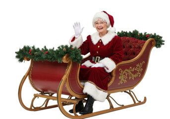 Senior caucasian mrs. claus in red velvet dress and bonnet, smiling and waving from an ornate sleigh against a transparent studio background, concept of traditional holiday joy