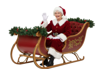 Senior caucasian mrs. claus in red velvet dress and bonnet, smiling and waving from an ornate sleigh against a transparent studio background, concept of traditional holiday joy