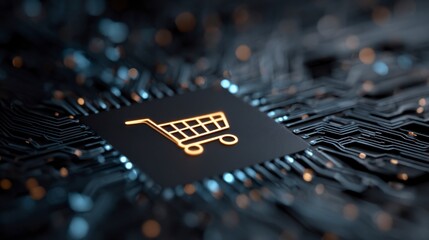 Digital commerce illustration: glowing cart over blue-neon circuits, sale excitement.