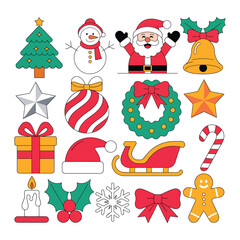 Assorted festive holiday icons representing Christmas and winter season celebrations including Santa Claus snowman tree and decorations perfect for holiday related projects