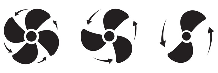 Cooling fan icon set. Modern cooler ventilator silhouette icons, vector symbol website design. Set of black colour vector illustration flat style. Cooling system fan with rotation arrows symbol. © Daishin