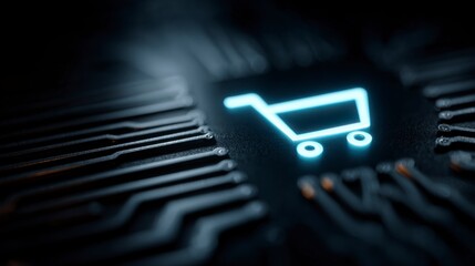 Sleek abstract technology background featuring subtle neon cart symbol.