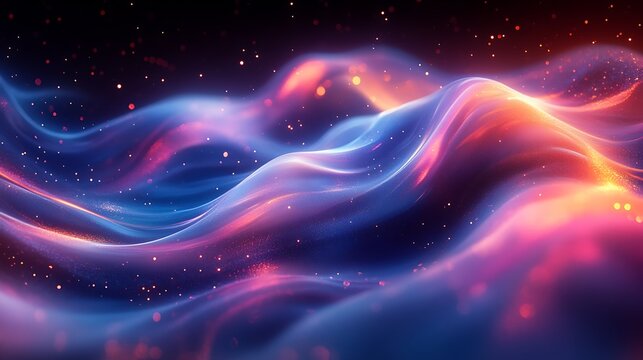 Abstract rendering of colorful wavy ethereal clouds with scattered light particles