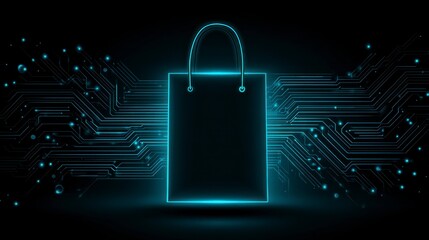 Modern tech illustration with blue neon circuits and minimalist bag icon.