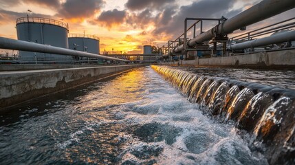 Wastewater treatment plant with flowing water at sunset