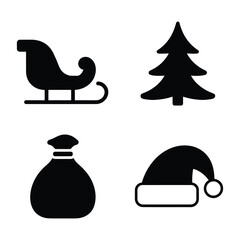 Christmas Icons Set Featuring Sleigh Fir Tree Bag and Santa Hat Celebrating the Holiday Season and Festive Spirit with Black and White Simplicity
