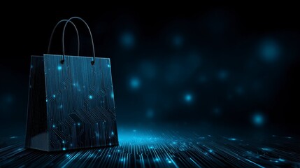 Sleek abstract technology background featuring neon bag symbol.
