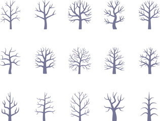 Leafless tree silhouette collection, bare branches, winter forest shapes, seasonal nature icons, black graphic set, flat vector illustration