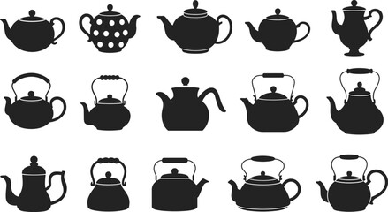 Teapot silhouette collection, classic and modern shapes, spout, handle, lid variations, tea culture icons set, flat vector illustration