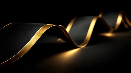 Minimalist golden ribbon swirling over matte-black surface, elegant Black Friday concept.